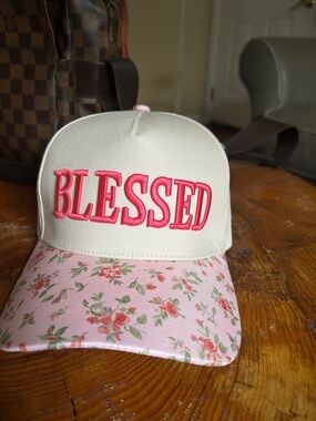 Cream & Pink 'BLESSED' Floral Baseball Cap New Embroidered Quality Adult Faith